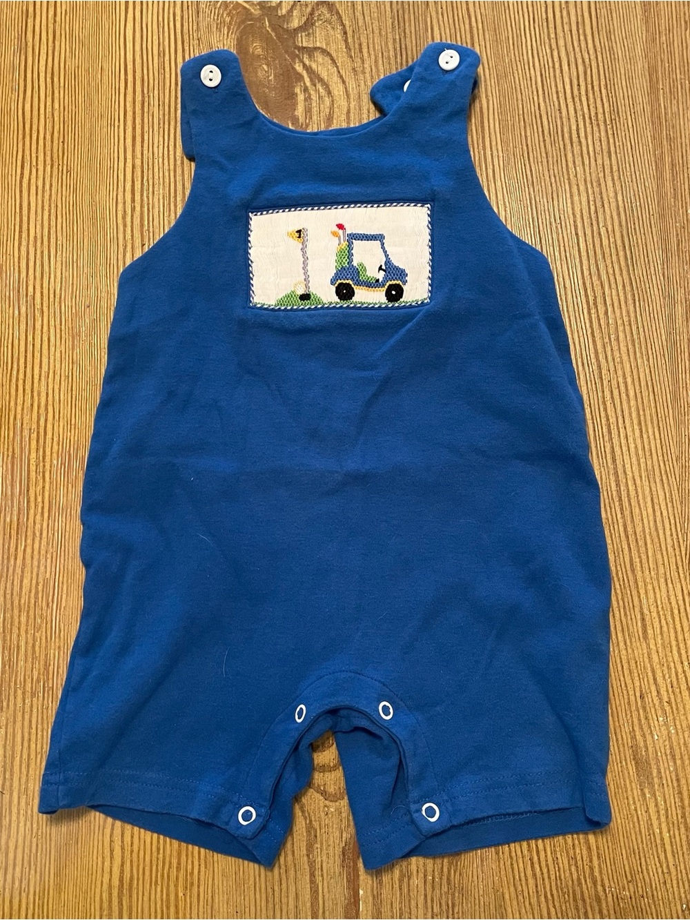 Vive La Fete Smocked Blue Baby Golf Cart Embroidered Romper